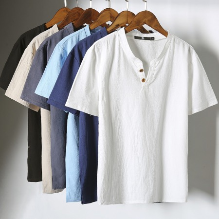 New Year New Cotton and Linen Summer Short-Sleeved T-Shirt Men's Retro V-Neck Large Size Thin T-Shirt